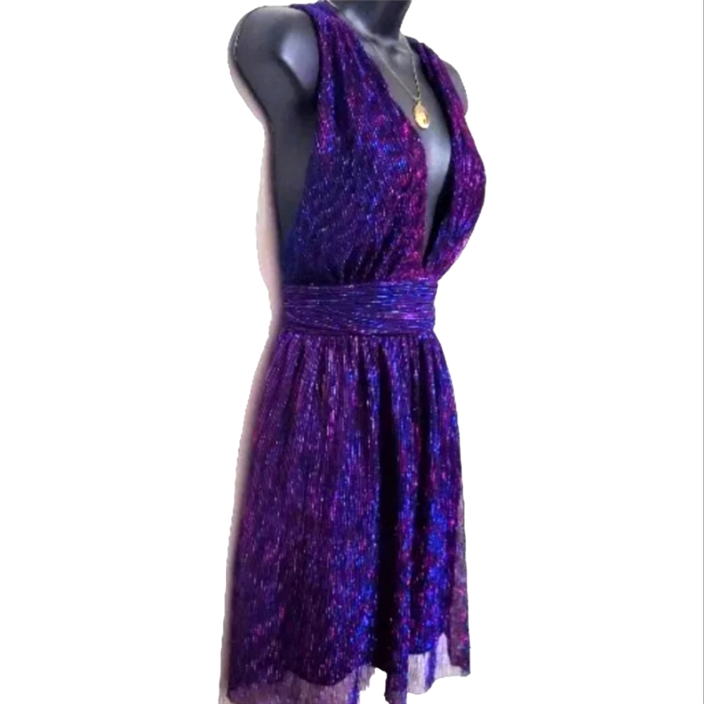 Lulus Ailey Shimmering Purple Pink Deep VNeck Sheer Skater Mini Dress Size Small